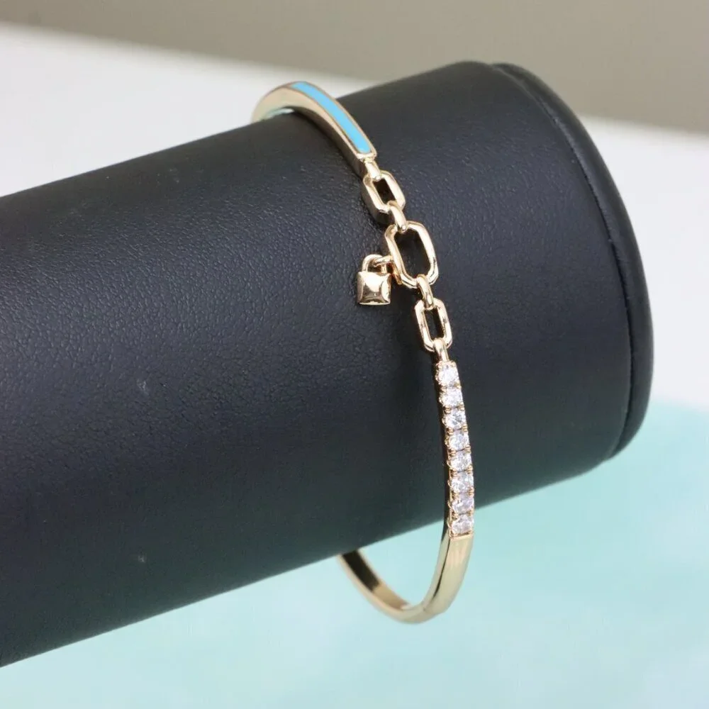 Chic Rose Gold Bangle with Lock Charm and Blue Enamel Accent, XPBL0432